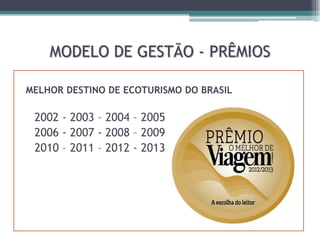 MODELO DE GESTÃO - PRÊMIOS
MELHOR DESTINO DE ECOTURISMO DO BRASIL

2002 - 2003 – 2004 – 2005
2006 - 2007 - 2008 – 2009
2010 – 2011 – 2012 - 2013

 