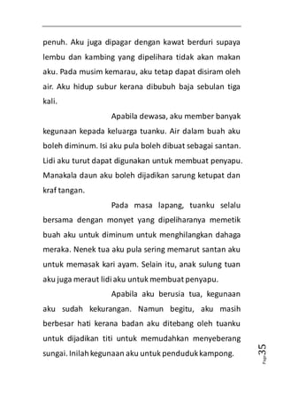Page35 
penuh. Aku juga dipagar dengan kawat berduri supaya 
lembu dan kambing yang dipelihara tidak akan makan 
aku. Pada musim kemarau, aku tetap dapat disiram oleh 
air. Aku hidup subur kerana dibubuh baja sebulan tiga 
kali. 
Apabila dewasa, aku member banyak 
kegunaan kepada keluarga tuanku. Air dalam buah aku 
boleh diminum. Isi aku pula boleh dibuat sebagai santan. 
Lidi aku turut dapat digunakan untuk membuat penyapu. 
Manakala daun aku boleh dijadikan sarung ketupat dan 
kraf tangan. 
Pada masa lapang, tuanku selalu 
bersama dengan monyet yang dipeliharanya memetik 
buah aku untuk diminum untuk menghilangkan dahaga 
meraka. Nenek tua aku pula sering memarut santan aku 
untuk memasak kari ayam. Selain itu, anak sulung tuan 
aku juga meraut lidi aku untuk membuat penyapu. 
Apabila aku berusia tua, kegunaan 
aku sudah kekurangan. Namun begitu, aku masih 
berbesar hati kerana badan aku ditebang oleh tuanku 
untuk dijadikan titi untuk memudahkan menyeberang 
sungai. Inilah kegunaan aku untuk penduduk kampong. 
 