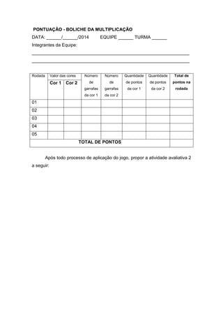PONTUAÇÃO - BOLICHE DA MULTIPLICAÇÃO
DATA: ______/______/2014 EQUIPE ______ TURMA ______
Integrantes da Equipe:
_______________________________________________________________
_______________________________________________________________
Rodada Valor das cores Número
de
garrafas
da cor 1
Número
de
garrafas
da cor 2
Quantidade
de pontos
da cor 1
Quantidade
de pontos
da cor 2
Total de
pontos na
rodada
Cor 1 Cor 2
01
02
03
04
05
TOTAL DE PONTOS
Após todo processo de aplicação do jogo, propor a atividade avaliativa 2
a seguir:
 