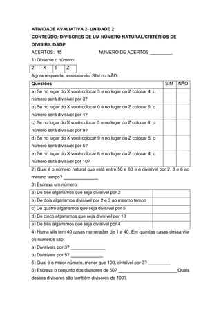ATIVIDADE AVALIATIVA 2- UNIDADE 2
CONTEÚDO: DIVISORES DE UM NÚMERO NATURAL/CRITÉRIOS DE
DIVISIBILIDADE
ACERTOS: 15 NÚMERO DE ACERTOS _________
1) Observe o número:
2 X 9 Z
Agora responda, assinalando SIM ou NÃO:
Questões SIM NÃO
a) Se no lugar do X você colocar 3 e no lugar do Z colocar 4, o
número será divisível por 3?
b) Se no lugar do X você colocar 0 e no lugar do Z colocar 6, o
número será divisível por 4?
c) Se no lugar do X você colocar 5 e no lugar do Z colocar 4, o
número será divisível por 9?
d) Se no lugar do X você colocar 9 e no lugar do Z colocar 5, o
número será divisível por 5?
e) Se no lugar do X você colocar 6 e no lugar do Z colocar 4, o
número será divisível por 10?
2) Qual é o número natural que está entre 50 e 60 e é divisível por 2, 3 e 6 ao
mesmo tempo? ______________
3) Escreva um número:
a) De três algarismos que seja divisível por 2
b) De dois algarismos divisível por 2 e 3 ao mesmo tempo
c) De quatro algarismos que seja divisível por 5
d) De cinco algarismos que seja divisível por 10
e) De três algarismos que seja divisível por 4
4) Numa vila tem 40 casas numeradas de 1 a 40. Em quantas casas dessa vila
os números são:
a) Divisíveis por 3? ______________
b) Divisíveis por 5? _____________
5) Qual é o maior número, menor que 100, divisível por 3? _________
6) Escreva o conjunto dos divisores de 50? ________________________Quais
desses divisores são também divisores de 100?
 