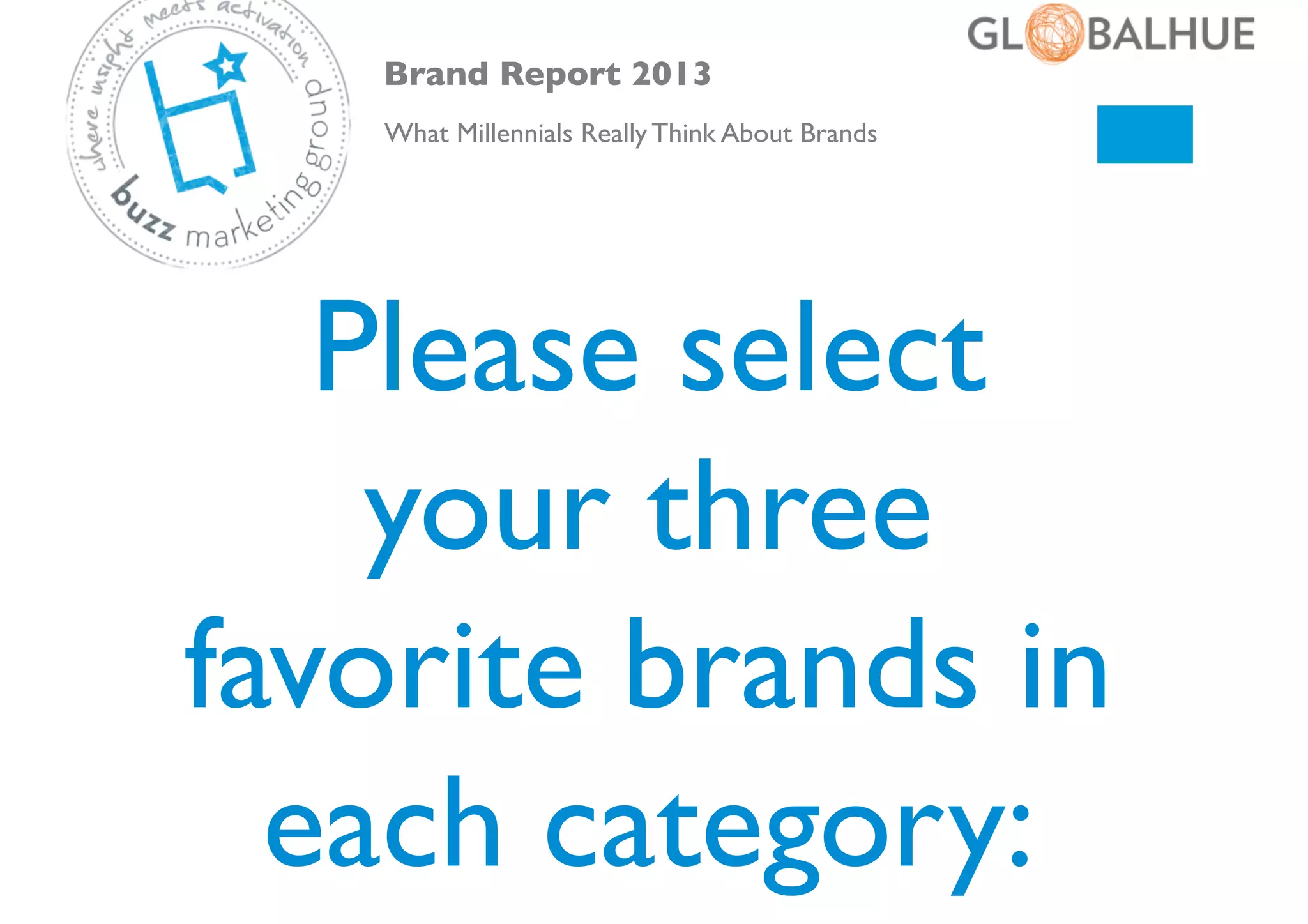 Brand Report 2013	

What Millennials Really Think About Brands	


Please select
your three
favorite brands in
each category:	


 