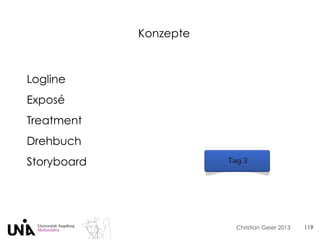 Christian Geier 2013
Konzepte
119
Logline
Exposé
Treatment
Drehbuch
Storyboard
 