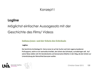 Christian Geier 2013
Konzept I
120
Logline
Möglichst einfacher Aussagesatz mit der
Geschichte des Films/ Videos
 