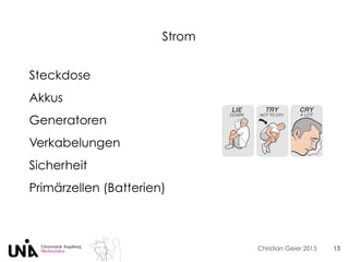Christian Geier 2013
Strom
13
Steckdose
Akkus
Generatoren
Verkabelungen
Sicherheit
Primärzellen (Batterien)
 