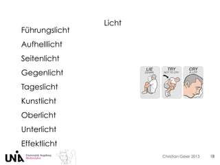 Christian Geier 2013
Licht
18
Führungslicht
Aufhelllicht
Seitenlicht
Gegenlicht
Tageslicht
Kunstlicht
Oberlicht
Unterlicht
Effektlicht
 