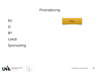 Christian Geier 2013
Finanzierung
20
EU
D
BY
Lokal
Sponsoring
 