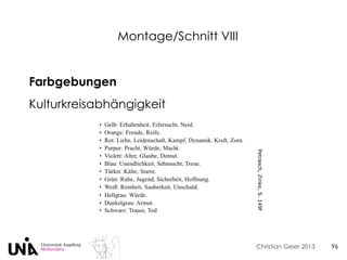 Christian Geier 2013
Montage/Schnitt VIII
96
Farbgebungen
Kulturkreisabhängigkeit
Petrasch,Zinke,S.149f
 