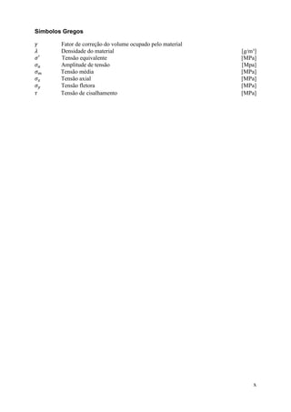 Símbolos Gregos
Fator de correção do volume ocupado pelo material
Densidade do material
Tensão equivalente
Amplitude de tensão
Tensão média
Tensão axial
Tensão fletora
Tensão de cisalhamento

[g/m³]
[MPa]
[Mpa]
[MPa]
[MPa]
[MPa]
[MPa]

x

 