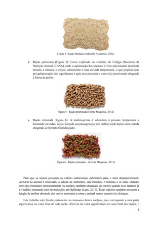 Figura 4- Ração farelada (Anhambi Alimentos, 2012)



Ração peletizada (Figura 5): Como explicado no relatório do Colégio Brasileiro de
Nutrição Animal (CBNA), onde a aglutinação dos insumos é feita adicionando humidade
durante a mistura, e depois submetendo a uma elevada temperatura, o que propicia uma
pré-gelatinização dos ingredientes e após esse processo o material é pressionado chegando
à forma de pelete.

Figura 5 - Ração peletizada (Ferraz Máquinas, 2012)



Ração extruzada (Figura 6): A matéria-prima é submetida à pressão, temperatura e
humidade elevadas, depois forçada sua passagem por um orifício onde depois será cortada
chegando ao formato final desejado.

Figura 6 - Ração extruzada - (Ferraz Máquinas, 2012)

Para que as rações possuam os valores nutricionais suficientes para o bom desenvolvimento
corporal do animal é necessário à adição de nutrientes, sais minerais, vitaminas e os mais variados
tipos dos chamados micronutrientes ou núcleos, também chamados de premix quando esse material já
é vendido misturado com formulações pré-definidas (Lara, 2010). Esses núcleos também possuem a
função de melhor absorção dos outros nutrientes e torna o animal menos suscetível a doenças.
Este trabalho está focado justamente no manuseio destes núcleos, pois corresponde a uma parte
significativa no valor final de cada ração. Além de ter valor significativo no custo final das rações, o

3

 