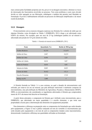 mais comum pelas facilidades propostas por ele, por já vir na dosagem necessária e diminuir os riscos
de intoxicação dos funcionários envolvidos no processo. Tem como problema o custo mais elevado
devido ao valor agregado na sua fabricação, embalagem e também não permite total liberdade na
formulação. O premix é habitualmente utilizado em processos de fabricação simplificados e de menor
escala de produção.

3.2.2 Dosagem
O micronutriente com as menores dosagens expressas nas fórmulas foi o selenito de sódio que em
algumas fórmulas, como divulgado na Tabela 1 (EMBRAPA, 2011) chega a ser adicionado como
0,005% da mistura. Por exemplo, para um saco de 25 kg (embalagem padrão) de sal mineral é
adicionada uma porção de 125 g de selenito de sódio.
Tabela 1 - Fórmula sal mineral recria (EMBRAPA, 2011)

Fonte

Quantidade (%)

Batida de 500 kg (kg)

Fosfato Bicálcico

62,535

312,675

Sulfato de Zinco

2,047

10,235

Sulfato de Cobre

0,450

2,25

Sulfato de Cobalto

0,014

0,07

Iodato de Potássio

0,010

0,05

Selenito de Sódio

0,005

0,025

Cloreto de Sódio

30,422

152,11

Enxofre Elementar

3,518

17,59

Melaço em Pó

1,000

5

A fórmula ilustrada na Tabela 1 é o caso extremo, no qual o dosador de micronutrientes será
utilizado, por tratar-se de um sal mineral, que pela definição nutricional é totalmente composto de
micronutrientes, mas pela definição do Ministério da Agricultura, Pecuária e Abastecimento (MAPA,
2009), os micronutrientes são considerados os ingredientes adicionados à fórmula que compreendem
menos de 30 % da massa total descrita na formulação.
A partir destes princípios o componente da fórmula que é definido como micronutriente, para a
EMBRAPA, que adicionado em maior quantidade é o enxofre elementar, o que torna suas
propriedades cruciais para a determinação das dimensões do equipamento projetado.
Para demonstrar a diferença na proporção entre os componentes da formulação que serão dosados
pelo equipamento, a Figura 12 traz o gráfico realçando em tons de vermelho os micronutrientes que
serão dosados pelo equipamento e em tons de azul os componentes tratados como macronutrientes,
demonstrando visualmente a diferença nas quantidades utilizadas na formulação.

14

 