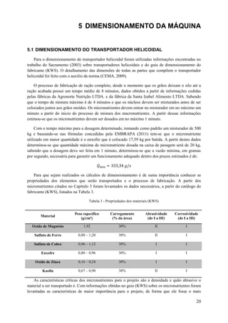 5 DIMENSIONAMENTO DA MÁQUINA

5.1 DIMENSIONAMENTO DO TRANSPORTADOR HELICOIDAL
Para o dimensionamento do transportador helicoidal foram utilizadas informações encontradas no
trabalho do Sacramento (2003) sobre transportadores helicoidais e do guia de dimensionamento do
fabricante (KWS). O detalhamento das dimensões de todas as partes que compõem o transportador
helicoidal foi feito com o auxílio da norma (CEMA, 2009).
O processo de fabricação de ração completo, desde o momento que os grãos deixam o silo até a
ração acabada possui um tempo médio de 8 minutos, dados obtidos a partir de informações cedidas
pelas fábricas da Agronorte Nutrição LTDA. e da fábrica da Santa Izabel Alimento LTDA. Sabendo
que o tempo de mistura máximo é de 4 minutos e que os núcleos devem ser misturados antes de ser
colocados juntos aos grãos moídos. Os micronutrientes devem entrar no misturador em no máximo um
minuto a partir do inicio do processo de mistura dos macronutrientes. A partir dessas informações
estimou-se que os micronutrientes devem ser dosados em no máximo 1 minuto.
Com o tempo máximo para a dosagem determinado, tomando como padrão um misturador de 500
kg e baseando-se nas fórmulas concedidas pela EMBRAPA (2011) tem-se que o micronutriente
utilizado em maior quantidade é o enxofre que é colocado 17,59 kg por batida. A partir destes dados
determinou-se que quantidade máxima de micronutriente dosada na caixa de pesagem será de 20 kg,
sabendo que a dosagem deve ser feita em 1 minuto, determinou-se que a vazão mínima, em gramas
por segundo, necessária para garantir um funcionamento adequado dentro dos prazos estimados é de:

Para que sejam realizados os cálculos de dimensionamento é de suma importância conhecer as
propriedades dos elementos que serão transportados e o processo de fabricação. A partir dos
micronutrientes citados no Capítulo 3 foram levantados os dados necessários, a partir do catálogo do
fabricante (KWS), listados na Tabela 3.
Tabela 3 - Propriedades dos materiais (KWS)

Material

Peso específico
(g/cm³)

Carregamento
(% da área)

Abrasividade
(de I a III)

Corrosividade
(de I a III)

Oxido de Magnésio

1,92

30%

II

I

Sulfato de Ferro

0,80 – 1,20

30%

II

I

Sulfato de Cobre

0,96 – 1,12

30%

I

I

Enxofre

0,80 – 0,96

30%

I

I

Oxido de Zinco

0,16 – 0,24

30%

I

I

Kaolin

0,67 – 0,90

30%

II

I

As características críticas dos micronutrientes para o projeto são a densidade e quão abrasivo o
material a ser transportado é. Com informações obtidas no guia (KWS) sobre os micronutrientes foram
levantadas as características de maior importância para o projeto, de forma que ele fosse o mais

20

 
