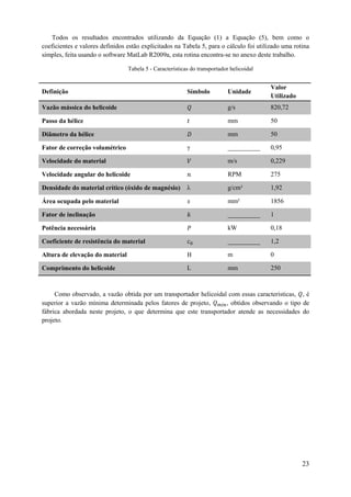 Todos os resultados encontrados utilizando da Equação (1) a Equação (5), bem como o
coeficientes e valores definidos estão explicitados na Tabela 5, para o cálculo foi utilizado uma rotina
simples, feita usando o software MatLab R2009a, esta rotina encontra-se no anexo deste trabalho.
Tabela 5 - Características do transportador helicoidal

Unidade

Valor
Utilizado

Vazão mássica do helicoide

g/s

820,72

Passo da hélice

mm

50

Diâmetro da hélice

mm

50

__________

0,95

Velocidade do material

m/s

0,229

Velocidade angular do helicoide

RPM

275

g/cm³

1,92

Área ocupada pelo material

mm²

1856

Fator de inclinação

__________

1

Potência necessária

kW

0,18

Coeficiente de resistência do material

__________

1,2

Altura de elevação do material

m

0

mm

250

Definição

Fator de correção volumétrico

Densidade do material crítico (óxido de magnésio)

Comprimento do helicoide

Símbolo

γ

λ

L

Como observado, a vazão obtida por um transportador helicoidal com essas características, , é
superior a vazão mínima determinada pelos fatores de projeto,
, obtidos observando o tipo de
fábrica abordada neste projeto, o que determina que este transportador atende as necessidades do
projeto.

23

 