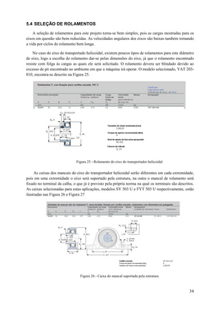 5.4 SELEÇÃO DE ROLAMENTOS
A seleção de rolamentos para este projeto torna-se bem simples, pois as cargas mostradas para os
eixos em questão são bem reduzidas. As velocidades angulares dos eixos são baixas também tornando
a vida por ciclos do rolamento bem longa.
No caso do eixo do transportado helicoidal, existem poucos tipos de rolamentos para este diâmetro
de eixo, logo a escolha do rolamento dar-se pelas dimensões do eixo, já que o rolamento encontrado
resiste com folga às cargas as quais ele será solicitado. O rolamento devera ser blindado devido ao
excesso de pó encontrado no ambiente em que a máquina irá operar. O modelo selecionado, YAT 203010, encontra-se descrito na Figura 25.

Figura 25 - Rolamento do eixo do transportador helicoidal

As caixas dos mancais do eixo do transportador helicoidal serão diferentes em cada extremidade,
pois em uma extremidade o eixo será suportado pela estrutura, na outra o mancal de rolamento será
fixado no terminal da calha, o que já é previsto pela própria norma na qual os terminais são descritos.
As caixas selecionadas para estas aplicações, modelos SY 503 U e FYT 503 U respectivamente, estão
ilustradas nas Figura 26 e Figura 27

Figura 26 - Caixa do mancal suportada pela estrutura

34

 