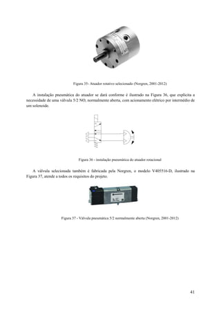 Figura 35- Atuador rotativo selecionado (Norgren, 2001-2012)

A instalação pneumática do atuador se dará conforme é ilustrado na Figura 36, que explicita a
necessidade de uma válvula 5/2 NO, normalmente aberta, com acionamento elétrico por intermédio de
um solenoide.

Figura 36 - instalação pneumática do atuador rotacional

A válvula selecionada também é fabricada pela Norgren, o modelo V405516-D, ilustrado na
Figura 37, atende a todos os requisitos do projeto.

Figura 37 - Válvula pneumática 5/2 normalmente aberta (Norgren, 2001-2012)

41

 