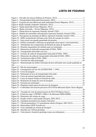 LISTA DE FIGURAS
Figura 1 - Elevador de canecas (Fábrica de Projetos, 2012) ...................................................... 1
Figura 2 - Transportadora helicoidal (Sacramento, 2003) ......................................................... 2
Figura 3 - Esquema de uma fábrica de ração peletizada (Ferraz Máquinas, 2012) ................... 2
Figura 4- Ração farelada (Anhambi Alimentos, 2012) .............................................................. 3
Figura 5 - Ração peletizada (Ferraz Máquinas, 2012) ............................................................... 3
Figura 6 - Ração extruzada - (Ferraz Máquinas, 2012)............................................................. 3
Figura 7 - Planta baixa da Agronorte Nutrição Animal LTDA. ................................................. 6
Figura 8 - Modelo de misturador utilizado pela Agronorte Nutrição Animal LTDA. ............... 8
Figura 9 - Fluxograma de produção da fábrica Agronorte Nutrição Animal LTDA. .............. 11
Figura 10 - Milho normalmente utilizado como fonte de energia em rações .......................... 12
Figura 11 - Soja cereal com grande quantidade de proteína .................................................... 12
Figura 12 - Gráfico mostrando a diferença na proporção entre macro e micronutrientes........ 15
Figura 13 – Distribuição dos componentes da fórmula da ração da Agronorte ....................... 16
Figura 14 - Desenho esquemático do módulo junto ao misturador.......................................... 19
Figura 15 - Dimensões do helicoide transportado (CEMA, 2009) .......................................... 22
Figura 16 - Transportador helicoidal com eixo. ....................................................................... 22
Figura 17 - Formato da calha do transportador helicoidal (CEMA, 2009) .............................. 27
Figura 18 - Dimensões da calha do transportador helicoidal (CEMA, 2009) .......................... 27
Figura 19 - Terminal da calha (CEMA, 2009) ......................................................................... 28
Figura 20 - Terminal da calha prolongado ............................................................................... 29
Figura 21 - Demonstração da melhor utilização da área utilizando uma secção quadrada no
silo ............................................................................................................................................ 29
Figura 22 - Silo de armazenagem ............................................................................................. 30
Figura 23 - Carregamento em um silo (EUROCODE 1, 1995) ............................................... 31
Figura 24 - Caixa de pesagem .................................................................................................. 33
Figura 25 - Rolamento do eixo do transportador helicoidal..................................................... 34
Figura 26 - Caixa do mancal suportada pela estrutura ............................................................. 34
Figura 27 - Caixa de mancal fixada ao terminal da calha ........................................................ 35
Figura 28 - Rolamento da tampa da caixa de pesagem ............................................................ 35
Figura 29 - Estrutura de sustentação ........................................................................................ 36
Figura 30 - Diagrama trajeto-passo do processo de dosagem .................................................. 37
Figura 31 - Controlador universal de processos SX-UNI da fabricante Spirax Sarco (Regler)
.................................................................................................................................................. 38
Figura 32 – Exemplo da vista do painel traseiro do SX-UNI (Spirax Sarco) .......................... 38
Figura 33 - Célula de carga 1-PW6DC3/10KG-1 da fabricante HBM (HBM) ....................... 39
Figura 34 - Dimensões das células de carga ............................................................................ 40
Figura 35- Atuador rotativo selecionado (Norgren, 2001-2012) ............................................. 41
Figura 36 - instalação pneumática do atuador rotacional ......................................................... 41
Figura 37 - Válvula pneumática 5/2 normalmente aberta (Norgren, 2001-2012) .................... 41
Figura 38 - Motoredutor (SEW Eurodrives) ............................................................................ 42
Figura 39 - Vista explodida do sistema de dosagem ................................................................ 44
Figura 40 - Desenho em CAD do protótipo ............................................................................. 44
Figura 41 - Vista lateral e frontal do protótipo (cotas em milímetros) .................................... 45

vii

 