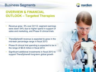 Business Segments
OVERVIEW & FINANCIAL
OUTLOOK – Targeted Therapies


•   Revenue grew 9% over Q1/12; segment earnings
   ...