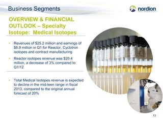 Business Segments
OVERVIEW & FINANCIAL
OUTLOOK – Specialty
Isotope: Medical Isotopes
•   Revenues of $25.2 million and ear...