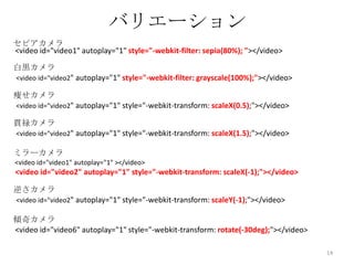 バリエーション
セピアカメラ
<video id="video1" autoplay="1" style="-webkit-filter: sepia(80%); "></video>
白黒カメラ
<video id="video2" autoplay="1" style="-webkit-filter: grayscale(100%);"></video>

痩せカメラ
<video id="video2" autoplay="1" style="-webkit-transform: scaleX(0.5);"></video>

貫禄カメラ
<video id="video2" autoplay="1" style="-webkit-transform: scaleX(1.5);"></video>

ミラーカメラ
<video id="video1" autoplay="1" ></video>

<video id="video2" autoplay="1" style="-webkit-transform: scaleX(-1);"></video>
逆さカメラ
<video id="video2" autoplay="1" style="-webkit-transform: scaleY(-1);"></video>

傾奇カメラ
<video id="video6" autoplay="1" style="-webkit-transform: rotate(-30deg);"></video>
14

 