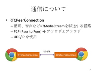 通信について
• RTCPeerConnection
– 動画、音声などのMediaStreamを転送する経路
– P2P (Peer to Peer) → ブラウザとブラウザ
– UDP/IP を使用

UDP/IP
RTCPeerConnection

RTCPeerConnection

26

 