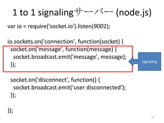 1 to 1 signalingサーバー (node.js)
var io = require('socket.io').listen(9001);
io.sockets.on('connection', function(socket) {
socket.on('message', function(message) {
socket.broadcast.emit('message', message);
});

signaling

socket.on('disconnect', function() {
socket.broadcast.emit('user disconnected');
});
});
41

 