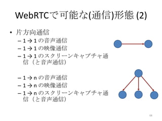 WebRTCで可能な(通信)形態 (2)
• 片方向通信
– 1 → 1 の音声通信
– 1 → 1 の映像通信
– 1 → 1 のスクリーンキャプチャ通
信（と音声通信）
– 1 → n の音声通信
– 1 → n の映像通信
– 1 → n のスクリーンキャプチャ通
信（と音声通信）
68

 