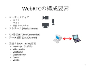 WebRTCの構成要素
• ユーザーメディア
– カメラ
– マイク
– 画面キャプチャ

• ストリーム (MediaStream)
• P2P通信 (RTCPeerConnection)
• データ通信 (DataChannel)
• 関連するAPI、HTML要素
–
–
–
–
–
–

JavaScript （大前提）
Video, Audio
WebScoket
WebAudio API
Canvas
WebGL
9

 