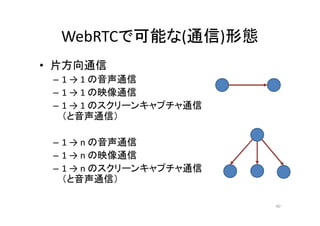 WebRTCで可能な(通信)形態
• 片方向通信
– 1 → 1 の音声通信
– 1 → 1 の映像通信
– 1 → 1 のスクリーンキャプチャ通信
（と音声通信）
– 1 → n の音声通信
– 1 → n の映像通信
– 1 → n のスクリーンキャプチャ通信
（と音声通信）
40
 