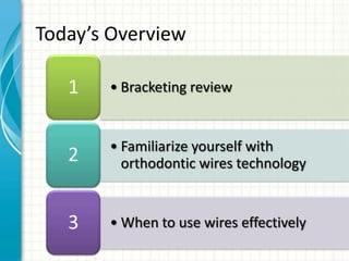 • Bracketing review1
• Familiarize yourself with
orthodontic wires technology2
• When to use wires effectively3
Today’s Overview
 