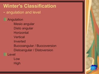 Winter's Classification
- angulation and level
Angulation
Mesio angular
Disto angular
Horizontal
Vertical
Inverted
Buccoangular / Buccoversion
Distoangular / Distoversion
Level
Low
High
 