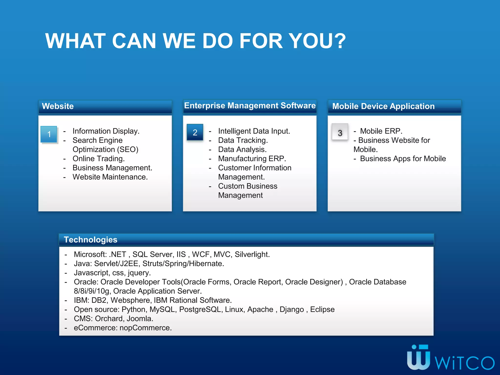 WHAT CAN WE DO FOR YOU?
Enterprise Management SoftwareWebsite Mobile Device Application
321
Technologies
- Information Display.
- Search Engine
Optimization (SEO)
- Online Trading.
- Business Management.
- Website Maintenance.
- Intelligent Data Input.
- Data Tracking.
- Data Analysis.
- Manufacturing ERP.
- Customer Information
Management.
- Custom Business
Management
- Mobile ERP.
- Business Website for
Mobile.
- Business Apps for Mobile
-
- Microsoft: .NET , SQL Server, IIS , WCF, MVC, Silverlight.
- Java: Servlet/J2EE, Struts/Spring/Hibernate.
- Javascript, css, jquery.
- Oracle: Oracle Developer Tools(Oracle Forms, Oracle Report, Oracle Designer) , Oracle Database
8/8i/9i/10g, Oracle Application Server.
- IBM: DB2, Websphere, IBM Rational Software.
- Open source: Python, MySQL, PostgreSQL, Linux, Apache , Django , Eclipse
- CMS: Orchard, Joomla.
- eCommerce: nopCommerce.
 