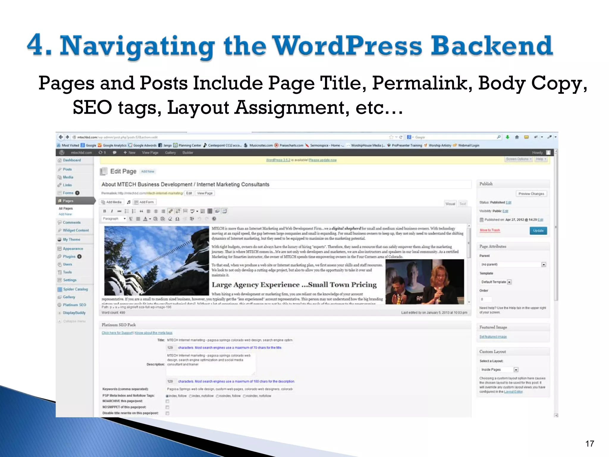 Pages and Posts Include Page Title, Permalink, Body Copy,
SEO tags, Layout Assignment, etc…

17

 