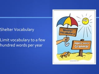 Shelter Vocabulary
Limit vocabulary to a few
hundred words per year
 