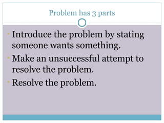 Problem has 3 parts
• Introduce the problem by stating
someone wants something.
• Make an unsuccessful attempt to
resolve the problem.
• Resolve the problem.
 
