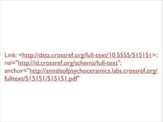 Link: <http://data.crossref.org/full-text/10.5555/515151>;
rel="http://id.crossref.org/schema/full-text";
anchor="http://annalsofpsychoceramics.labs.crossref.org/
fulltext/515151/515151.pdf"

 