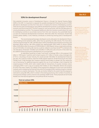 97International finance for development
SDRs for development finance?
One potential innovative source of development finance is through the Special Drawing Rights
(SDRs) of the IMF. It is important to separate the possible development financing functions of SDRs
allocated to developed countries from their role in increasing the reserves of developing countries.
There are two types of proposals for using SDRs for development purposes, as presented in the World
Economic and Social Survey 2012.a The first is based on new annual issues, with the SDR allocations fa-
vouring developing countries. The proposed additional collective insurance would reduce the need
for developing countries to accumulate reserves from their own resources, thus potentially freeing
up space for enhanced developmental investments. Note that while this mechanism should help
increase global stability, it only indirectly contributes to enhancing existing pools of development
finance.
The second proposal leverages developed country allocations for development financ-
ing by floating bonds backed by SDRs, rather than by spending the SDRs directly. This more direct
channel would leverage the “idle” SDR allocations held by developed and emerging economies with
abundant official reserves. Idle SDRs jumped from approximately SDR13 billion to almost SDR200
billion ($320 billion) after the issuance of SDR250 billion in 2009 (figure). Using a conservative estimate,
around $150 billion of existing idle reserves could be utilized to purchase bonds.b If combined with
new allocations of between 150 billion and 250 billion in SDRs every year, amounts in that order may
be usable for financing long-term development on an annual basis.
An alternative would be to create “trust funds” to leverage SDRs. In this proposal, $100
billion in “SDR equity” could be used to back issuance of $1 trillion in bonds, using a leverage ratio
of 10 to 1. Assuming a 10-year maturity, this would provide $100 billion for development financing
per year. This could, for instance, meet the initially agreed needs for climate financing for the Green
Climate Fund. A high leverage ratio, however, exposes bond holders to greater risk, thus raising the
cost of borrowing. An additional argument against the use of such leverage is that it breaches the
original purpose of SDRs, which were created solely for transactions of a purely monetary nature.
Leveraging SDRs in such a way as to expose their holders to risks of illiquidity distorts the purpose
for which they were created. The viability of the proposal thus depends on how much risk would be
involved, and on designing the financial instrument for leveraging SDRs carefully enough to maintain
its function as a reserve mechanism. The risks are further limited to the extent that the proposal is
restricted to using idle SDRs, which is similar to the existing practice by a fair number of countries of
moving excess foreign currency reserves into sovereign wealth funds. These proposals are technically
feasible, but international agreements and political will are necessary.
Box III.3
a World Economic and Social
Survey 2012: In Search of
New Development Finance
(United Nations publication,
Sales No. E.12.II.C.1), pp.
31-35.
b Bilge Erten and José
Antonio Ocampo,“Building
a stable and equitable
global monetary system”,
DESA Working Paper, No.
ST/ESA/2012/DWP/118
(Department of Economic
and Social Affairs of the
United Nations Secretariat,
August 2012).
Millions of SDRs
-
50,000
100,000
150,000
200,000
1970
1972
1974
1976
1978
1980
1982
1984
1986
1988
1990
1992
1994
1996
1998
2000
2002
2004
2006
2008
2010
Total net undrawn SDRs
Source: IMF International
Financial Statistics.
 