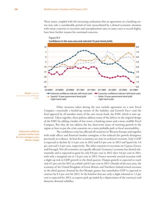 108 World Economic Situation and Prospects 2013
These issues, coupled with the increasing realization that an agreement on a banking un-
ion may take a considerable period of time (exacerbated by a dismal economic situation
with many countries in recession and unemployment rates in some cases at record highs),
have been further reasons for continued concerns.
Other measures taken during the year include agreement on a new Fiscal
Compact—essentially a beefed-up version of the Stability and Growth Pact—and the
final approval by all member states of the new rescue fund, the ESM, which is now op-
erational. Taken together, these policies address many of the defects in the original design
of the EMU by adding a lender of last resort, a banking union and a more credible Fiscal
Compact. But they do not address the key short-term issues of restoring growth in the
region or how to put the crisis countries on a more probable path to fiscal sustainability.
The confidence crisis has affected all countries in Western Europe and together
with trade effects and financial market contagion, it has reduced the growth divergence
previously in evidence. At least five economies are now in technical recession. Italy’s GDP
is expected to decline by 2.4 per cent in 2012 and 0.3 per cent in 2013 and Spain’s by 1.6
per cent and 1.4 per cent, respectively. The other countries in recession are Cyprus, Greece
and Portugal. Not all economies are equally affected. Germany’s economy has slowed sub-
stantially and is expected to grow by only 0.8 per cent in 2012 after 3.0 per cent in 2011,
with only a marginal rise to 1.0 per cent in 2013. France narrowly averted recession with
a slight up-tick in GDP growth in the third quarter. Output growth is expected to reach
only 0.1 per cent for 2012 as a whole and 0.3 per cent in 2013. Outside of the euro area, the
economy of the United Kingdom of Great Britain and Northern Ireland exited recession
in the third quarter, boosted by the Olympic games, but nonetheless GDP is expected to
contract by 0.3 per cent for 2012. In the baseline forecast, only a slight rebound to 1.2 per
cent is expected for 2013, as exports pick up (aided by a depreciation of the currency) and
domestic demand solidifies.
Depressed confidence
provides another route
for crisis contagion across
Western Europe
-30
-25
-20
-15
-10
-5
0
5
10
2010M01 2010M05 2010M09 2011M01 2011M05 2011M09 2012M01 2012M05 2012M09
0.0
1.0
2.0
3.0
4.0
5.0
6.0
7.0
8.0
Industrial conﬁdence indicator (left-hand scale) Consumer conﬁdence indicator (left-hand scale)
Spanish 10-year government bond yield
(right-hand scale)
Italian 10-year government bond yield
(right-hand scale)
Figure IV.3 Conﬁdence in the euro area and selected 10 year bond yields
Figure IV.3
Confidence in the euro area and selected 10-year bond yields
Source: European
Commission and JPMorgan
Chase.
 