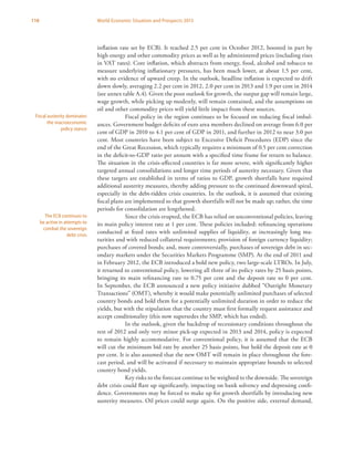 110 World Economic Situation and Prospects 2013
inflation rate set by ECB). It reached 2.5 per cent in October 2012, boosted in part by
high energy and other commodity prices as well as by administered prices (including rises
in VAT rates). Core inflation, which abstracts from energy, food, alcohol and tobacco to
measure underlying inflationary pressures, has been much lower, at about 1.5 per cent,
with no evidence of upward creep. In the outlook, headline inflation is expected to drift
down slowly, averaging 2.2 per cent in 2012, 2.0 per cent in 2013 and 1.9 per cent in 2014
(see annex table A.4). Given the poor outlook for growth, the output gap will remain large,
wage growth, while picking up modestly, will remain contained, and the assumptions on
oil and other commodity prices will yield little impact from these sources.
Fiscal policy in the region continues to be focused on reducing fiscal imbal-
ances. Government budget deficits of euro area members declined on average from 6.0 per
cent of GDP in 2010 to 4.1 per cent of GDP in 2011, and further in 2012 to near 3.0 per
cent. Most countries have been subject to Excessive Deficit Procedures (EDP) since the
end of the Great Recession, which typically requires a minimum of 0.5 per cent correction
in the deficit-to-GDP ratio per annum with a specified time frame for return to balance.
The situation in the crisis-affected countries is far more severe, with significantly higher
targeted annual consolidations and longer time periods of austerity necessary. Given that
these targets are established in terms of ratios to GDP, growth shortfalls have required
additional austerity measures, thereby adding pressure to the continued downward spiral,
especially in the debt-ridden crisis countries. In the outlook, it is assumed that existing
fiscal plans are implemented so that growth shortfalls will not be made up; rather, the time
periods for consolidation are lengthened.
Since the crisis erupted, the ECB has relied on unconventional policies, leaving
its main policy interest rate at 1 per cent. These policies included: refinancing operations
conducted at fixed rates with unlimited supplies of liquidity, at increasingly long ma-
turities and with reduced collateral requirements; provision of foreign currency liquidity;
purchases of covered bonds; and, more controversially, purchases of sovereign debt in sec-
ondary markets under the Securities Markets Programme (SMP). At the end of 2011 and
in February 2012, the ECB introduced a bold new policy, two large-scale LTROs. In July,
it returned to conventional policy, lowering all three of its policy rates by 25 basis points,
bringing its main refinancing rate to 0.75 per cent and the deposit rate to 0 per cent.
In September, the ECB announced a new policy initiative dubbed “Outright Monetary
Transactions” (OMT), whereby it would make potentially unlimited purchases of selected
country bonds and hold them for a potentially unlimited duration in order to reduce the
yields, but with the stipulation that the country must first formally request assistance and
accept conditionality (this now supersedes the SMP, which has ended).
In the outlook, given the backdrop of recessionary conditions throughout the
rest of 2012 and only very minor pick-up expected in 2013 and 2014, policy is expected
to remain highly accommodative. For conventional policy, it is assumed that the ECB
will cut the minimum bid rate by another 25 basis points, but hold the deposit rate at 0
per cent. It is also assumed that the new OMT will remain in place throughout the fore-
cast period, and will be activated if necessary to maintain appropriate bounds to selected
country bond yields.
Key risks to the forecast continue to be weighted to the downside. The sovereign
debt crisis could flare up significantly, impacting on bank solvency and depressing confi-
dence. Governments may be forced to make up for growth shortfalls by introducing new
austerity measures. Oil prices could surge again. On the positive side, external demand,
Fiscal austerity dominates
the macroeconomic
policy stance
The ECB continues to
be active in attempts to
combat the sovereign
debt crisis
 