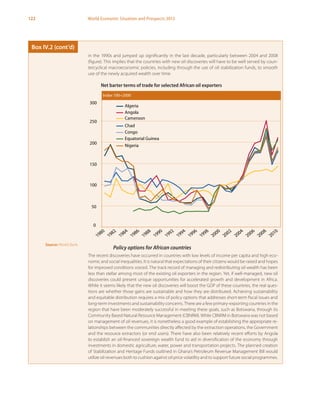 122 World Economic Situation and Prospects 2013
in the 1990s and jumped up significantly in the last decade, particularly between 2004 and 2008
(figure). This implies that the countries with new oil discoveries will have to be well served by coun-
tercyclical macroeconomic policies, including through the use of oil stabilization funds, to smooth
use of the newly acquired wealth over time.
Policy options for African countries
The recent discoveries have occurred in countries with low levels of income per capita and high eco-
nomic and social inequalities. It is natural that expectations of their citizens would be raised and hopes
for improved conditions voiced. The track record of managing and redistributing oil wealth has been
less than stellar among most of the existing oil exporters in the region. Yet, if well-managed, new oil
discoveries could present unique opportunities for accelerated growth and development in Africa.
While it seems likely that the new oil discoveries will boost the GDP of these countries, the real ques-
tions are whether those gains are sustainable and how they are distributed. Achieving sustainability
and equitable distribution requires a mix of policy options that addresses short-term fiscal issues and
long-term investments and sustainability concerns. There are a few primary-exporting countries in the
region that have been moderately successful in meeting these goals, such as Botswana, through its
Community Based Natural Resource Management (CBNRM). While CBNRM in Botswana was not based
on management of oil revenues, it is nonetheless a good example of establishing the appropriate re-
lationships between the communities directly affected by the extraction operations, the Government
and the resource extractors (or end users). There have also been relatively recent efforts by Angola
to establish an oil-financed sovereign wealth fund to aid in diversification of the economy through
investments in domestic agriculture, water, power and transportation projects. The planned creation
of Stabilization and Heritage Funds outlined in Ghana’s Petroleum Revenue Management Bill would
utilize oil revenues both to cushion against oil price volatility and to support future social programmes.
Box IV.2 (cont’d)
Source: World Bank.
Net barter terms of trade for selected African oil exporters
0
50
100
150
200
250
300
1980
1982
1984
1986
1988
1990
1992
1994
1996
1998
2000
2002
2004
2006
2008
2010
Algeria
Angola
Cameroon
Chad
Congo
Equatorial Guinea
Nigeria
Index 100=2000
 