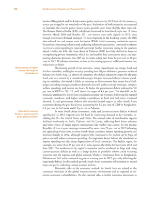 130 World Economic Situation and Prospects 2013
banks of Bangladesh and Sri Lanka raised policy rates in early 2012, but left the monetary
stance unchanged in the remainder of the year. Authorities of both countries are expected
to maintain the current policy stance unless growth slows more sharply than expected.
The Reserve Bank of India (RBI), which had increased its benchmark repo rate 13 times
between March 2010 and October 2011, cut interest rates only slightly in 2012, even
though investment demand slumped. To boost liquidity in the banking system, the RBI
also reduced the cash reserve ratio for banks. While India’s monetary authorities remain
focused on containing inflation and anchoring inflation expectations, continued weakness
in private capital spending is expected to prompt further monetary easing in the quarters
ahead. Unlike the RBI, the State Bank of Pakistan (SBP) has fully shifted its focus to
strengthening private investment, which has declined for four consecutive years, and sup-
porting domestic demand. The SBP cut its main policy rate from 12 per cent to 10 per
cent in 2012. If inflation continues to slow in the coming quarters, additional interest rate
reductions are likely.
Weakening growth of tax revenues, rising expenditures on energy, food and
fertilizer subsidies, and higher security spending have all put additional pressures on fiscal
balances in South Asia. In almost all countries, the deficit reduction targets for the past
fiscal year were missed by a considerable margin. Despite increased efforts to lower spend-
ing on subsidies, this trend is likely to continue as Governments face major fiscal chal-
lenges, including strong expenditure demands that will address energy shortages, enhance
welfare spending, and narrow tax bases. In India, the government deficit widened to 5.8
per cent of GDP in 2011/12, well above the target of 4.6 per cent. The shortfall can be
primarily attributed to lower-than-expected corporate tax revenues, following the marked
economic slowdown, and higher subsidy expenditure as food and fuel prices remained
elevated. Actual government deficits also exceeded initial targets in other South Asian
economies during the past fiscal year, accounting for 5.2 per cent of GDP in Bangladesh,
6.2 per cent in Sri Lanka and 6.3 per cent in Pakistan.
In most South Asian economies, trade and current-account deficits widened
significantly in 2012. Exports were hit hard by weakening demand in key markets, in-
cluding the EU, the United States and China. The annual value of merchandise exports
declined moderately in India, Pakistan and Sri Lanka, reflecting both lower volumes
and lower prices of major export commodities like rubber and cotton. In the Islamic
Republic of Iran, export earnings contracted by more than 25 per cent in 2012 following
the tightening of sanctions. In most South Asian countries, import spending growth also
declined sharply in 2012, although import bills continued to be pushed up by high oil
prices and still robust consumer spending. An important factor behind the slowdown in
import spending was the sharp depreciation of local currencies. The Indian rupee, for
example, lost more than 25 per cent of its value against the dollar between June 2011 and
June 2012. The weakness in the region’s currencies can be attributed to large and rising
current-account deficits as well as a sharp decline in portfolio inflows amid recurring
concerns over the regional and global outlook. Workers’ remittance flows to Bangladesh,
Pakistan and Sri Lanka continued to grow at a strong pace in 2012, partially offsetting the
large trade deficits. In the outlook period, South Asia’s economies will continue to record
large and partly widening current-account deficits.
Downside risks to the economic outlook for South Asia are related to the
continued weakness of the global macroeconomic environment and to regional or do-
mestic economic vulnerabilities. On the external side, a further economic downturn in
Slower growth and higher
subsidy bills weigh on
fiscal balances
Trade deficits widened
further as exports were hit
by the global slowdown
 