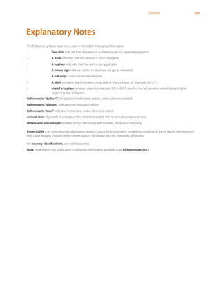 xviiContents
Explanatory Notes
The following symbols have been used in the tables throughout the report:
.. Two dots indicate that data are not available or are not separately reported.
– A dash indicates that the amount is nil or negligible.
- A hyphen indicates that the item is not applicable.
- A minus sign indicates deficit or decrease, except as indicated.
. A full stop is used to indicate decimals.
/ A slash between years indicates a crop year or financial year, for example, 2012/13.
- Use of a hyphen between years, for example, 2012–2013, signifies the full period involved, including the
beginning and end years.
Reference to“dollars”($) indicates United States dollars, unless otherwise stated.
Reference to“billions” indicates one thousand million.
Reference to“tons” indicates metric tons, unless otherwise stated.
Annual rates of growth or change, unless otherwise stated, refer to annual compound rates.
Details and percentages in tables do not necessarily add to totals, because of rounding.
Project LINK is an international collaborative research group for econometric modelling, coordinated jointly by the Development
Policy and Analysis Division of the United Nations Secretariat and the University of Toronto.
For country classifications, see statistical annex.
Data presented in this publication incorporate information available as at 30 November 2012.
 