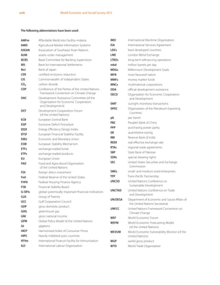 xviii World Economic and Social Survey 2012
The following abbreviations have been used:
AMFm Affordable Medicines Facility–malaria
AMIS Agricultural Market Information Systemn
ASEAN Association of Southeast Asian Nations
AUM assets under management
BCBS Basel Committee for Banking Supervision
BIS Bank for International Settlements
BoJ Bank of Japan
CER certified emissions reduction
CIS Commonwealth of Independent States
CO2 carbon dioxide
COP Conference of the Parties of the United Nations
Framework Convention on Climate Change
DAC Development Assistance Committee (of the
Organization for Economic Cooperation
and Development)
DCF Development Cooperation Forum
(of the United Nations)
ECB European Central Bank
EDP Excessive Deficit Procedure
EEDI Energy Efficiency Design Index
EFSF European Financial Stability Facility
EMU Economic and Monetary Union
ESM European Stability Mechanism
ETFs exchange-traded funds
ETPs exchange-traded products
EU European Union
FAO Food and Agricultural Organization
of the United Nations
FDI foreign direct investment
Fed Federal Reserve of the United States
FHFA Federal Housing Finance Agency
FSB Financial Stability Board
G-SIFIs global systemically important financial institutions
G20 Group of Twenty
GCC Gulf Cooperation Council
GDP gross domestic product
GHG greenhouse gas
GNI gross national income
GPM Global Policy Model of the United Nations
Gt gigatons
HICP Harmonized Index of Consumer Prices
HIPC heavily indebted poor countries
IFFIm International Finance Facility for Immunisation
ILO International Labour Organization
IMO International Maritime Organization
ISA International Services Agreement
LDCs least developed countries
LME London Metal Exchange
LTROs long-term refinancing operations
mbd million barrels per day
MDGs Millennium Development Goals
MFN most favoured nation
MMFs money market funds
MNCs multinational corporations
ODA official development assistance
OECD Organization for Economic Cooperation
and Development
OMT outright monetary transactions
OPEC Organization of the Petroleum Exporting
Countries
pb per barrel
PBC People’s Bank of China
PPP purchasing power parity
QE quantitative easing
RBI Reserve Bank of India
REER real effective exchange rate
RTAs regional trade agreements
SBP State Bank of Pakistan
SDRs special drawing rights
SEC United States Securities and Exchange
Commission
SMEs small- and medium-sized enterprises
TPP Trans-Pacific Partnership
UNCSD United Nations Conference on
Sustainable Development
UNCTAD United Nations Conference on Trade
and Development
UN/DESA Department of Economic and Social Affairs of
the United Nations Secretariat
UNFCC United Nations Framework Convention on
Climate Change
WEF World Economic Forum
WEFM World Economic Forecasting Model
(of the United Nations)
WEVUM World Economic Vulnerability Monitor (of the
United Nations)
WGP world gross product
WTO World Trade Organization
 