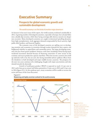 iii
Executive Summary
Prospects for global economic growth and
sustainable development
The world economy is on the brink of another major downturn
As foreseen in last year’s issue of this report, the world economy weakened considerably in
2012. A growing number of developed economies, especially in Europe, have already fallen
into a double-dip recession, while those facing sovereign debt distress moved even deeper
into recession. Many developed economies are caught in downward spiralling dynamics
from high unemployment, weak aggregate demand compounded by fiscal austerity, high
public debt burdens, and financial fragility.
The economic woes of the developed countries are spilling over to develop-
ing countries and economies in transition through weaker demand for their exports and
heightened volatility in capital flows and commodity prices. The larger developing econo-
mies also face home-grown problems, however, with some (including China) facing much
weakened investment demand because of financing constraints in some sectors of the
economy and excess production capacity elsewhere. Most low-income countries have held
up relatively well so far, but are now also facing intensified adverse spillover effects from
the slowdown in both developed and major middle-income countries. The prospects for
the next two years continue to be challenging, fraught with major uncertainties and risks
slanted towards the downside.
Growth of world gross product (WGP) is expected to reach 2.2 per cent in
2012 and is forecast to remain well below potential at 2.4 per cent in 2013 and 3.2 per cent
in 2014 (figure O.1). At this moderate pace, many economies will be unable to recover the
severe job losses of the Great Recession.
Figure 0.1
Weakening and highly uncertain outlook for the world economy
Percentage change
4.1 4.1
1.4
-2.1
4.0
2.7
2.4
3.2
0.2
1.1
2.2
3.8
4.5
-3
-2
-1
0
1
2
3
4
5
2006 2007 2008 2009 2010 2011 2012 2013 2014
Baseline
Policy scenario
Downside scenario
Source: UN/DESA.
a Growth rate for 2012 is
partially estimated. Estimates
for 2013 and 2014 are
forecasts. See“Uncertainties
and risks”section for a
discussion of the downside
scenario and box I.3 for a
discussion of the policy
scenario.
 