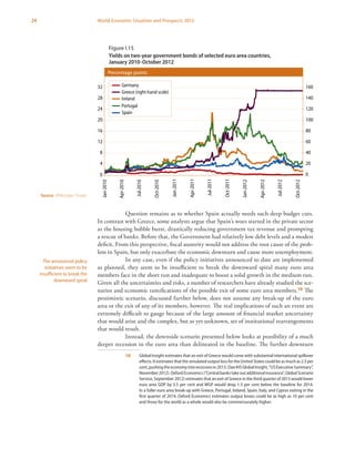 24 World Economic Situation and Prospects 2013
Question remains as to whether Spain actually needs such deep budget cuts.
In contrast with Greece, some analysts argue that Spain’s woes started in the private sector
as the housing bubble burst, drastically reducing government tax revenue and prompting
a rescue of banks. Before that, the Government had relatively low debt levels and a modest
deficit. From this perspective, fiscal austerity would not address the root cause of the prob-
lem in Spain, but only exacerbate the economic downturn and cause more unemployment.
In any case, even if the policy initiatives announced to date are implemented
as planned, they seem to be insufficient to break the downward spiral many euro area
members face in the short run and inadequate to boost a solid growth in the medium run.
Given all the uncertainties and risks, a number of researchers have already studied the sce-
narios and economic ramifications of the possible exit of some euro area members.10 The
pessimistic scenario, discussed further below, does not assume any break-up of the euro
area or the exit of any of its members, however. The real implications of such an event are
extremely difficult to gauge because of the large amount of financial market uncertainty
that would arise and the complex, but as yet unknown, set of institutional rearrangements
that would result.
Instead, the downside scenario presented below looks at possibility of a much
deeper recession in the euro area than delineated in the baseline. The further downturn
10	 Global Insight estimates that an exit of Greece would come with substantial international spillover
effects. It estimates that the simulated output loss for the United States could be as much as 2.5 per
cent,pushingtheeconomyintorecessionin2013.(SeeIHSGlobalInsight, “USExecutiveSummary”,
November 2012). Oxford Economics (“Central banks take out additional insurance”, Global Scenario
Service, September 2012) estimates that an exit of Greece in the third quarter of 2013 would lower
euro area GDP by 3.5 per cent and WGP would drop 1.3 per cent below the baseline for 2014.
In a fuller euro area break-up with Greece, Portugal, Ireland, Spain, Italy, and Cyprus exiting in the
first quarter of 2014, Oxford Economics estimates output losses could be as high as 10 per cent
and those for the world as a whole would also be commensurately higher.
The announced policy
initiatives seem to be
insufficient to break the
downward spiral
Figure I.15
Yields on two-year government bonds of selected euro area countries,
January 2010-October 2012
Source: JPMorgan Chase.
Figure I.15 Yields on two-year government bonds of selected euro area countries,
January 2010-October 2012
0
4
8
12
16
20
24
28
32
Jan-2010
Apr-2010
Jul-2010
Oct-2010
Jan-2011
Apr-2011
Jul-2011
Oct-2011
Jan-2012
Apr-2012
Jul-2012
Oct-2012
0
20
40
60
80
100
120
140
160Germany
Ireland
Portugal
Spain
Greece (right-hand scale)
Percentage points
 