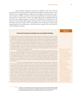 47International trade
Prices of nickel, aluminium, lead and zinc climbed in early 2012, driven by
strong demand and the then prevailing optimism about global economic prospects. Since
March, however, sluggish demand, coupled with oversupply, has pushed prices down-
ward. The price of nickel, a crucial raw material in the production of stainless steel, hit a
38-month low in August 2012. Chronic oversupply, high stocks and weakened demand
have driven the average aluminium cash price on the LME down to $1,838 per ton, the
lowest level since October 2009. In June and August 2012, the prices of lead and zinc hit
their lowest levels since August 2010.13 In September, however, the prices of these metals
surged sharply at the announcement of further monetary easing by the central banks of
several developed economies.
13	 According to the International Lead and Zinc Study Group, supply exceeded demand by 49,000
tons (about 0.8 per cent of demand) and 135,000 tons (about 1.9 per cent of demand), respectively,
in the global refined lead and zinc metal market during the first seven months of 2012.
Financial investment and physical commodity holdings
Financial investors continue venturing into commodity markets. Commodity assets under manage-
ment (AUM) increased almost fortyfold between 2001 and April 2011, when they reached a record
of $458 billion. Assets declined sharply thereafter but rebounded to reach $439 billion in September
2012, 11 per cent above their level at the beginning of the year.a Since mid-2008, financial investors
have been looking for new ways to access commodities as an asset class. They became less interested
in traditional broad-based passive index investment instruments, which only allow betting on ris-
ing prices. Instead, to optimize investment strategies in unstable markets, financial investors have
increasingly opted for more active instruments, allowing bets on both rising and declining prices.b
As a result, index investment as a share of total commodity AUM declined from 65-85 per cent in
2005-2007 to 32 per cent in September 2012.c
Exchange-traded products (ETPs), particularly futures-based exchange-traded funds
(ETFs), have become the largest investment vehicles in commodity markets (figure). ETFs issue shares
which are traded like equities on a securities exchange. Physically-backed ETFs have also become
increasingly attractive for financial investors, because they offer the advantage of establishing a di-
rect link between financial investment and physical inventories and thereby give investors direct
exposure to commodity spot prices. This avoids uncertainty related to possible differences between
spot prices and prices of futures contracts, to which traditional index funds and futures-based ETFs
are exposed.
Until recently, physically-backed ETFs were confined to precious metals. In 2010, how-
ever, some European banks started to offer such vehicles related to industrial metals, especially
copper. While accumulated investment has remained limited, this situation could change rapidly. At
the time of writing in November 2012, the United States Securities and Exchange Commission (SEC)
was deliberating whether to approve two requests to list and trade physically-backed copper ETFs.d
Opponents of the approval, which include large industrial firms, have expressed concern that the
resulting large purchase of physical copper holdings would cause rising prices and reduced avail-
ability of physical copper. Such concerns are related to recent events in aluminium markets where
the arrival of investment banks was followed by a record-level surge of the premium that consumers
pay for metal—surpassing the benchmark price set at the London Metal Exchange (LME), the world’s
leading exchange for non-ferrous metals.e This surge led to fears that allowing financial investors to
accumulate and store physical copper holdings could lead to inflated prices that would destabilize
the market and, ultimately, disrupt metal supply and industrial production. Sizeable effects could
indeed occur, given that the two planned ETFs combined would absorb more than 180,000 metric
Box II.2
a Barclays, The Commodity
Investor, October 2012.
b UNCTAD, Trade and
Development Report 2011:
Post-crisis policy challenges in
the world economy (United
Nations publication, Sales
No. E.11.II.D.3), chap. V.
c Barclays, The Commodity
Investor, op. cit.
d See Securities and
Exchange Commission
Release No. 34–67965; SR–
NYCEArca-2012-28,
2 October 2012,
available from http://
www.sec.gov/rules/sro/
nysearca/2012/34-67965.pdf.
e Jack Farchy,“Banks force
aluminium market shake-
up”, Financial Times, 12
September 2012, available
from http://www.ft.com/
intl/cms/s/0/c3b3e02e-fcf3-
11e1-a4f2-00144feabdc0.
html#axzz2DXWwGjEH.
 