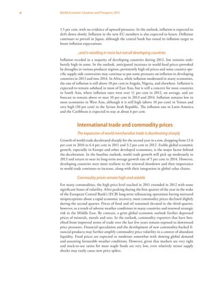 vi World Economic Situation and Prospects 2013
1.5 per cent, with no evidence of upward pressures. In the outlook, inflation is expected to
drift down slowly. Inflation in the new EU members is also expected to lessen. Deflation
continues to prevail in Japan, although the central bank has raised its inflation target to
boost inflation expectations.
..and is receding in most but not all developing countries
Inflation receded in a majority of developing countries during 2012, but remains stub-
bornly high in some. In the outlook, anticipated increases in world food prices provoked
by droughts in various producer regions, persistently high oil prices and some country-spe-
cific supply-side constraints may continue to put some pressures on inflation in developing
countries in 2013 and into 2014. In Africa, while inflation moderated in many economies,
the rate of inflation is still above 10 per cent in Angola, Nigeria, and elsewhere. Inflation is
expected to remain subdued in most of East Asia, but is still a concern for most countries
in South Asia, where inflation rates were over 11 per cent in 2012, on average, and are
forecast to remain above or near 10 per cent in 2013 and 2014. Inflation remains low in
most economies in West Asia, although it is still high (above 10 per cent) in Yemen and
very high (30 per cent) in the Syrian Arab Republic. The inflation rate in Latin America
and the Caribbean is expected to stay at about 6 per cent.
International trade and commodity prices
The expansion of world merchandise trade is decelerating sharply
Growth of world trade decelerated sharply for the second year in a row, dropping from 12.6
per cent in 2010 to 6.4 per cent in 2011 and 3.2 per cent in 2012. Feeble global economic
growth, especially in Europe and other developed economies, is the major factor behind
the deceleration. In the baseline outlook, world trade growth will pick up moderately in
2013 and return to near its long-term average growth rate of 5 per cent in 2014. However,
developing countries were more resilient to the renewed slowdown and their importance
in world trade continues to increase, along with their integration in global value chains.
Commodity prices remain high and volatile
For many commodities, the high price level reached in 2011 extended in 2012 with some
significant bouts of volatility. After peaking during the first quarter of the year in the wake
of the European Central Bank’s (ECB) long-term refinancing operations having nurtured
misperceptions about a rapid economic recovery, most commodity prices declined slightly
during the second quarter. Prices of food and oil remained elevated in the third quarter,
however, as a result of adverse weather conditions in many countries and renewed strategic
risk in the Middle East. By contrast, a grim global economic outlook further depressed
prices of minerals, metals and ores. In the outlook, commodity exporters that have ben-
efited from improved terms of trade over the last few years remain exposed to downward
price pressures. Financial speculation and the development of new commodity-backed fi-
nancial products may further amplify commodity price volatility in a context of abundant
liquidity. Food prices are expected to moderate somewhat with slowing global demand
and assuming favourable weather conditions. However, given that markets are very tight
and stock-to-use ratios for most staple foods are very low, even relatively minor supply
shocks may easily cause new price spikes.
 