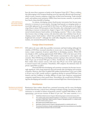 70 World Economic Situation and Prospects 2013
have the most direct exposures to banks in the European Union (EU).3 There is evidence
that deleveraging in the European banking sector has especially affected trade financing,4
which in many countries comprises a large share of short-term borrowing. Trade-oriented
small- and medium-sized enterprises (SMEs) from lower-income countries, in particular,
have faced a sharp shortfall in funding.
In contrast, developing country fixed-income instruments have become more
attractive to investors in recent months. Sovereign bond spreads on emerging market ex-
ternal debt tightened in the second half of 2012 from over 400 basis points at the begin-
ning of June to about 290 basis points in late-November, after widening for much of 2011,
indicating an increase in demand (see chapter I, figure I.10). Similarly, more capital has
moved towards domestic bond markets of developing countries.5 There is also evidence
that investors chose to hedge currency risk selectively rather than withdraw from the de-
veloping country bond markets—which limit portfolio bond outflows during spells of
heightened risk aversion6—although this could reflect illiquidity in some domestic bond
markets, not sustained demand for the products.
Foreign direct investment
FDI tends to be more stable than portfolio investment and bank lending (although the
volatility of FDI flows increased somewhat in recent years, as discussed below). FDI re-
mains a major component of private capital flows to developing countries. While FDI
rose sharply in 2011, reaching approximately $436 billion, it fell in the latter part of the
year, as well as in 2012. Furthermore, FDI remains concentrated in a few regions and
countries. Most FDI flowing to developing countries is going to Asia and Latin America.
Only 10 per cent of inward FDI goes to Africa. Furthermore, the distribution of FDI
flows within Africa remains uneven, with more than 80 per cent of the capital going
to natural resource-rich economies. Nonetheless, FDI comprises the dominant share of
private capital flows to LDCs.
Outward FDI from developing and transition economies has become increas-
ingly significant, with a large proportion directed towards other developing and transition
economies. However, their share in global FDI outflows declined from 31 per cent in 2010
to 26 per cent in 2011, mainly owing to a significant decline in outward FDI from Latin
America and the Caribbean as foreign affiliates of some Latin American transnational
companies repaid loans to their parent firms. Nevertheless, the overall levels of FDI flow-
ing from developing and transition economies remained high from a historical perspective.
Remittances
Remittances from workers abroad have continued increasing and for many developing
countries have become a critical source of foreign-exchange earnings. Income from worker
remittances as recorded in balance-of-payments statistics totalled $406 billion in 2012,
representing a year-on-year increase of about 6.5 per cent.7 For some countries, it is a
3	 World Bank, Global Economic Prospects: Maintaining progress amid turmoil, January 2012.
4	 This could be partly owing to Basel III regulations on trade finance, as may be inferred from data
presented in World Bank, Global Economic Prospects: Managing growth in a volatile world,
June 2012, Finance annex, pp. 43-51.
5	 IMF, Global Financial Stability Report, op. cit.
6	 World Bank, Global Economic Prospects: Managing growth in a volatile world, op. cit.
7	 Therealsizeofremittances,though,isprobablylarger,giventhatmanyremittancesarechannelled
through informal mechanisms that are not recorded.
...with trade finance in
low-income countries
particularly impacted
FDI fell in 2012
Remittances are estimated
to increase by 6.5 per cent
in 2012
 