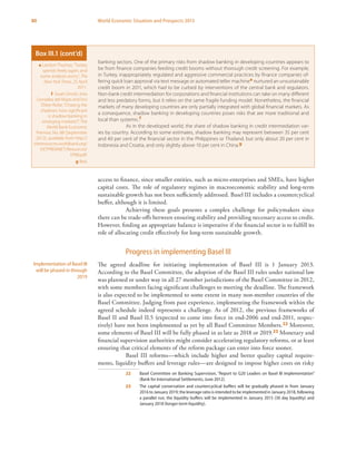 80 World Economic Situation and Prospects 2013
access to finance, since smaller entities, such as micro-enterprises and SMEs, have higher
capital costs. The role of regulatory regimes in macroeconomic stability and long-term
sustainable growth has not been sufficiently addressed. Basel III includes a countercyclical
buffer, although it is limited.
Achieving these goals presents a complex challenge for policymakers since
there can be trade-offs between ensuring stability and providing necessary access to credit.
However, finding an appropriate balance is imperative if the financial sector is to fulfill its
role of allocating credit effectively for long-term sustainable growth.
Progress in implementing Basel III
The agreed deadline for initiating implementation of Basel III is 1 January 2013.
According to the Basel Committee, the adoption of the Basel III rules under national law
was planned or under way in all 27 member jurisdictions of the Basel Committee in 2012,
with some members facing significant challenges to meeting the deadline. The framework
is also expected to be implemented to some extent in many non-member countries of the
Basel Committee. Judging from past experience, implementing the framework within the
agreed schedule indeed represents a challenge. As of 2012, the previous frameworks of
Basel II and Basel II.5 (expected to come into force in end-2006 and end-2011, respec-
tively) have not been implemented as yet by all Basel Committee Members.22 Moreover,
some elements of Basel III will be fully phased in as late as 2018 or 2019.23 Monetary and
financial supervision authorities might consider accelerating regulatory reforms, or at least
ensuring that critical elements of the reform package can enter into force sooner.
Basel III reforms—which include higher and better quality capital require-
ments, liquidity buffers and leverage rules—are designed to impose higher costs on risky
22	 Basel Committee on Banking Supervision, “Report to G20 Leaders on Basel III implementation”
(Bank for International Settlements, June 2012).
23	 The capital conservation and countercyclical buffers will be gradually phased in from January
2016 to January 2019; the leverage ratio is intended to be implemented in January 2018, following
a parallel run; the liquidity buffers will be implemented in January 2015 (30 day liquidity) and
January 2018 (longer-term liquidity).
Implementation of Basel III
will be phased in through
2019
banking sectors. One of the primary risks from shadow banking in developing countries appears to
be from finance companies feeding credit booms without thorough credit screening. For example,
in Turkey, inappropriately regulated and aggressive commercial practices by finance companies of-
fering quick loan approval via text message or automated teller machinee nurtured an unsustainable
credit boom in 2011, which had to be curbed by interventions of the central bank and regulators.
Non-bank credit intermediation for corporations and financial institutions can take on many different
and less predatory forms, but it relies on the same fragile funding model. Nonetheless, the financial
markets of many developing countries are only partially integrated with global financial markets. As
a consequence, shadow banking in developing countries poses risks that are more traditional and
local than systemic.f
As in the developed world, the share of shadow banking in credit intermediation var-
ies by country. According to some estimates, shadow banking may represent between 35 per cent
and 40 per cent of the financial sector in the Philippines or Thailand, but only about 20 per cent in
Indonesia and Croatia, and only slightly above 10 per cent in China.g
e Landon Thomas,“Turkey
spends freely again, and
some analysts worry”, The
New York Times, 25 April
2011.
f Swati Ghosh, Ines
Gonzalez del Mazo and İnci
Ötker-Robe,“Chasing the
shadows: how significant
is shadow banking in
emerging markets?”, The
World Bank Economic
Premise, No. 88 (September
2012), available from http://
siteresources.worldbank.org/
EXTPREMNET/Resources/
EP88.pdf.
g Ibid.
Box III.1 (cont’d)
 