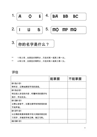 1. a

o

2.

u

i

e
S

4. bA
bD

bB

bC

5. D
mO mP mQ
mR

3. 你的名字是什么？
**

1 和 2 项，全部念对得两分，只念对其一或其二得一分。

**

4 和 5 项，全部念对得两分，只念对其二或其三得一分。

评估
能掌握

不能掌握

B1 DL1 E1
聆听后，正确地辨别字词的读音。
B1 DL2 E1
明白别人讲话的内容，听懂单项的要求与
指示，作出反应。
B1 DB1 E1
正确认读音节，主要注意带有单韵母的音
节和声调。
B1 DT1 E1
以正确的笔画和笔顺书写大多数所规定的
习写字，并做到字体正确、端正匀称。
B2 DB1 E1
8

 