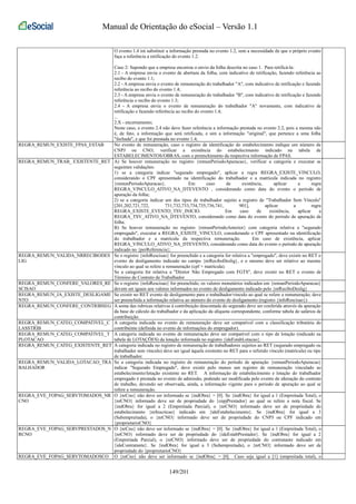 Manual de Orientação do eSocial – Versão 1.1 
O evento 1.4 irá substituir a informação prestada no evento 1.2, sem a necessidade de que o próprio evento 
faça a referência a retificação do evento 1.2. 
Caso 2: Supondo que a empresa encerrou o envio da folha descrita no caso 1. Para retificá-la: 
2.1 - A empresa envia o evento de abertura da folha, com indicativo de retificação, fazendo referência ao 
recibo do evento 1.1; 
2.2 - A empresa envia o evento de remuneração do trabalhador "A", com indicativo de retificação e fazendo 
referência ao recibo do evento 1.4; 
2.3 - A empresa envia o evento de remuneração do trabalhador "B", com indicativo de retificação e fazendo 
referência o recibo do evento 1.3; 
2.4 - A empresa envia o evento de remuneração do trabalhador "A" novamente, com indicativo de 
retificação e fazendo referência ao recibo do evento 1.4; 
... 
2.X - encerramento; 
Neste caso, o evento 2.4 não deve fazer referência a informação prestada no evento 2.2, pois a mesma não 
é, de fato, a informação que será retificada, e sim a informação "original", que pertence a uma folha 
"fechada", e que foi prestada no evento 1.4; 
REGRA_REMUN_EXISTE_FPAS_ESTAB No evento de remuneração, caso o registro de identificação do estabelecimento indique um número de 
CNPJ ou CNO, verificar a existência do estabelecimento indicado na tabela de 
ESTABELECIMENTOS/OBRAS, com o preenchimento da respectiva informação de FPAS. 
REGRA_REMUN_TRAB_ EXISTENTE_RET A) Se houver remuneração no registro {remunPeriodoApuracao}, verificar a categoria e executar as 
seguintes validações: 
1) se a categoria indicar "segurado empregado", aplicar a regra REGRA_EXISTE_VINCULO, 
considerando o CPF apresentado na identificação do trabalhador e a matrícula indicada no registro 
{remunPeriodoApuracao}. Em caso de existência, aplicar a regra 
REGRA_VINCULO_ATIVO_NA_DTEVENTO , considerando como data do evento o período de 
apuração da folha; 
2) se a categoria indicar um dos tipos de trabalhador sujeito a registro de "Trabalhador Sem Vínculo" 
[201,202,721,722, 731,732,733,734,735,736,741, 901], aplicar a regra 
REGRA_EXISTE_EVENTO_TSV_INICIO. Em caso de existência, aplicar a 
REGRA_TSV_ATIVO_NA_DTEVENTO, considerando como data do evento do período de apuração da 
folha. 
B) Se houver remuneração no registro {remunPeriodoAnterior} com categoria relativa a "segurado 
empregado", executar a REGRA_EXISTE_VINCULO, considerando o CPF apresentado na identificação 
do trabalhador e a matrícula da respectiva remuneração. Em caso de existência, aplicar 
REGRA_VINCULO_ATIVO_NA_DTEVENTO, considerando como data do evento o período de apuração 
indicado no {perReferencia}; 
REGRA_REMUN_VALIDA_NRRECIBODES 
LIG 
Se o registro {infoRescisao} for preenchido e a categoria for relativa a "empregado", deve existir no RET o 
evento de desligamento indicado no campo {nrReciboDeslig}, e o mesmo deve ser relativo ao mesmo 
vínculo ao qual se refere a remuneração (cpf + matrícula). 
Se a categoria for relativa a "Diretor Não Empregado com FGTS", deve existir no RET o evento de 
Término de Contrato de Trabalhador 
REGRA_REMUN_CONFERE_VALORES_RE 
SCISAO 
Se o registro {infoRescisao} for preenchido, os valores monetários indicados em {remunPeriodoApuracao} 
devem ser iguais aos valores informados no evento de desligamento indicado pelo {nrReciboDeslig} 
REGRA_REMUN_JA_EXISTE_DESLIGAME 
NTO 
Se existir no RET evento de desligamento para o trabalhador/vínculo ao qual se refere a remuneração, deve 
ser preenchida a informação relativa ao número do evento de desligamento (registro {infoRescisao}) 
REGRA_REMUN_CONFERE_CONTRIBSEG A soma das rubricas relativas à contribuição descontada do segurado deve ser conferida através da apuração 
da base de cálculo do trabalhador e da aplicação da alíquota correspondente, conforme tabela de salários de 
contribuição. 
REGRA_REMUN_CATEG_COMPATIVEL_C 
LASSTRIB 
A categoria indicada no evento de remuneração deve ser compatível com a classificação tributária do 
contribuinte (definida no evento de informações do empregador). 
REGRA_REMUN_CATEG_COMPATIVEL_T 
PLOTACAO 
A categoria indicada no evento de remuneração deve ser compatível com o tipo de lotação (indicado na 
tabela de LOTAÇÕES) da lotação informada no registro {ideEstabLotacao}. 
REGRA_REMUN_CATEG_EXISTENTE_RET A categoria indicada no registro de remuneração de trabalhadores sujeitos ao RET (segurado empregado ou 
trabalhador sem vínculo) deve ser igual àquela existente no RET para o referido vínculo (matrícula) ou tipo 
de trabalhador. 
REGRA_REMUN_VALIDA_LOTACAO_TRA 
BALHADOR 
Se a categoria indicada no registro de remuneração do período de apuração {remunPeriodoApuracao} 
indicar "Segurado Empregado", deve existir pelo menos um registro de remuneração vinculado ao 
estabelecimento/lotação existente no RET. A informação de estabelecimento e lotação do trabalhador 
empregado é prestada no evento de admissão, podendo ser modificada pelo evento de alteração do contrato 
de trabalho, devendo ser observada, ainda, a informação vigente para o período de apuração ao qual se 
refere a remuneração. 
REGRA_EVE_FOPAG_SERVTOMADOS_NR 
CNO 
O {nrCno} não deve ser informado se {indObra} = [0]. Se {indObra} for igual a 1 (Empreitada Total), o 
{nrCNO} informado deve ser de propriedade do {cnpjPrestador} ao qual se refere a nota fiscal. Se 
{indObra} for igual a 2 (Empreitada Parcial), o {nrCNO} informado deve ser de propriedade do 
estabelecimento {nrInscricao} indicado em {ideEstabelecimento}. Se {indObra} for igual a 3 
(Subempreitada), o {nrCNO} informado deve ser de propriedade do CNPJ ou CPF indicado em 
{proprietarioCNO} 
REGRA_EVE_FOPAG_SERVPRESTADOS_N 
RCNO 
O {nrCno} não deve ser informado se {indObra} = [0]. Se {indObra} for igual a 1 (Empreitada Total), o 
{nrCNO} informado deve ser de propriedade do {ideEstabPrestador}. Se {indObra} for igual a 2 
(Empreitada Parcial), o {nrCNO} informado deve ser de propriedade do contratante indicado em 
{ideContratante}. Se {indObra} for igual a 3 (Subempreitada), o {nrCNO} informado deve ser de 
propriedade do {proprietarioCNO} 
REGRA_EVE_FOPAG_SERVTOMADOSCO O {nrCno} não deve ser informado se {indObra} = [0]. Caso seja igual a [1] (empreitada total), o 
149/201 
 