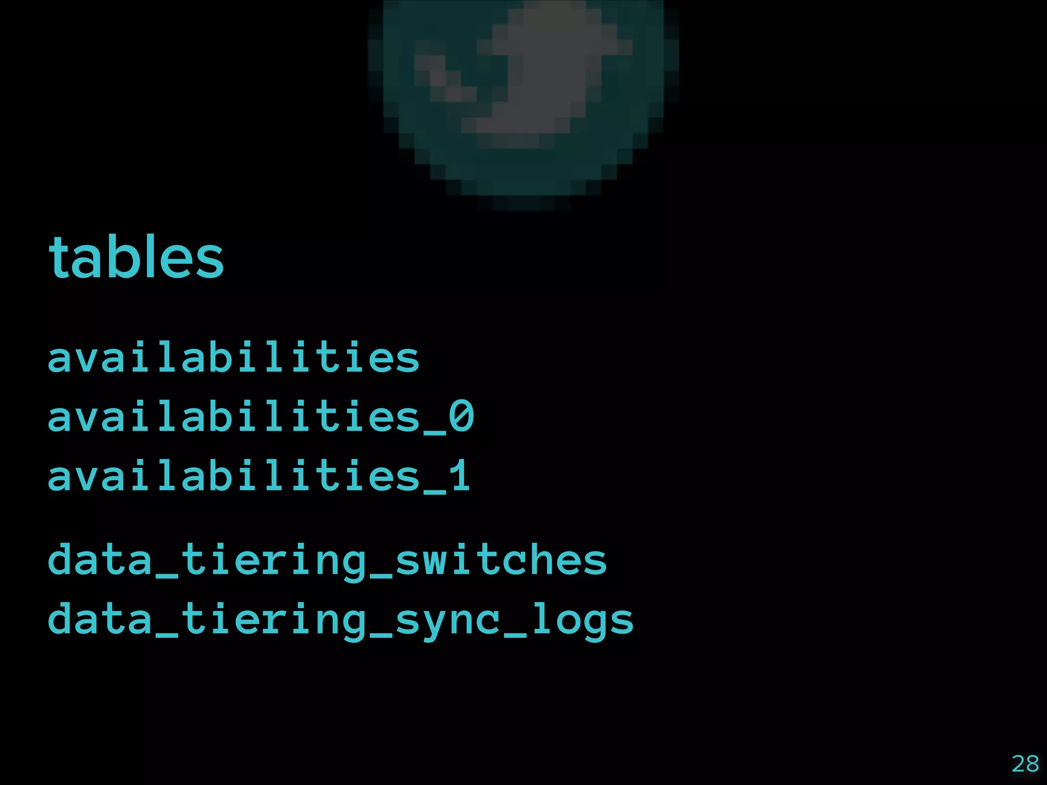 tables
availabilities 
availabilities_0 
availabilities_1
data_tiering_switches 
data_tiering_sync_logs 
28

 